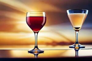 två glasögon av vin på en tabell med en solnedgång i de bakgrund. ai-genererad foto