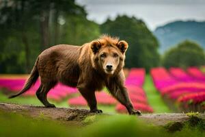 en brun Björn gående genom en fält av rosa blommor. ai-genererad foto