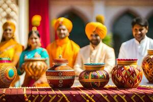 en grupp av människor i indisk klädespersedlar stående runt om en tabell med färgrik krukor. ai-genererad foto