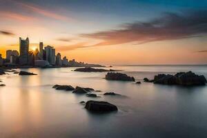 de stad horisont på solnedgång i abu dhabi. ai-genererad foto