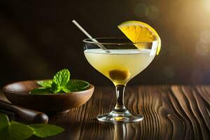 en cocktail med en skiva av citron- och mynta. ai-genererad foto