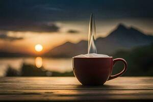 en kopp av kaffe på en trä- tabell med en solnedgång i de bakgrund. ai-genererad foto