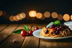 spaghetti med körsbär tomater och basilika löv på en trä- tabell. ai-genererad foto