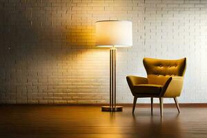 en gul stol och lampa i en rum. ai-genererad foto