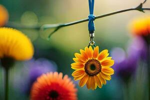 en gul blomma är hängande från en tråd. ai-genererad foto