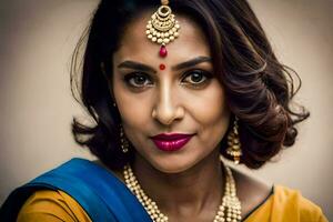 ett indisk kvinna bär en sari och Smycken. ai-genererad foto