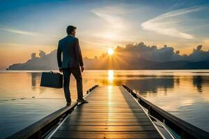 en man i en kostym promenader på en docka på solnedgång. ai-genererad foto