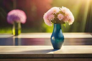 en vas av blommor på en tabell i främre av en fönster. ai-genererad foto