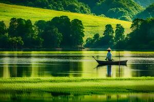 en man i en båt på en sjö omgiven förbi frodig grön kullar. ai-genererad foto