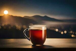 en kopp av te sitter på en tabell i främre av en berg. ai-genererad foto