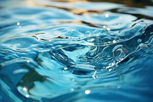 transparent textur av de yta av lugna blå vatten med vågor och bubblor. trendig abstrakt natur bakgrund. vatten vågor i solljus med kopia Plats. genererad förbi artificiell intelligens foto