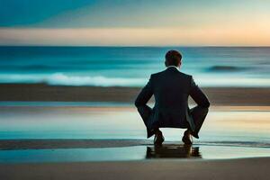 en man i en kostym sitter på de strand på solnedgång. ai-genererad foto