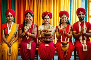 indisk människor i traditionell klänning utgör för en Foto. ai-genererad foto