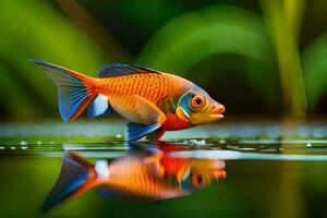 en fisk med ljus färger är reflekterad i de vatten. ai-genererad foto