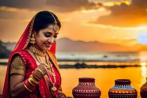en kvinna i traditionell indisk klädsel är leende på de kamera. ai-genererad foto