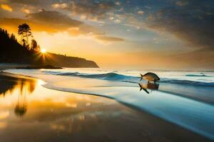 en fisk är stående på de strand på solnedgång. ai-genererad foto