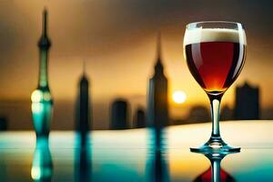 en glas av öl med en stad horisont i de bakgrund. ai-genererad foto