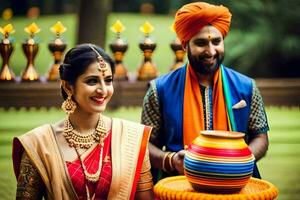 en skön indisk bröllop med en traditionell bröllop ceremoni. ai-genererad foto