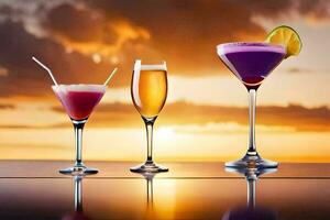 tre annorlunda drycker är visad på en tabell med de solnedgång i de bakgrund. ai-genererad foto