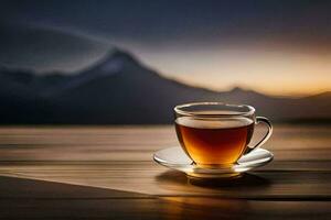 en kopp av te på en trä- tabell med bergen i de bakgrund. ai-genererad foto