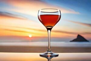 en glas av vin på en tabell i främre av de solnedgång. ai-genererad foto