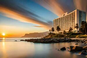 de hotell är på de strand på solnedgång. ai-genererad foto
