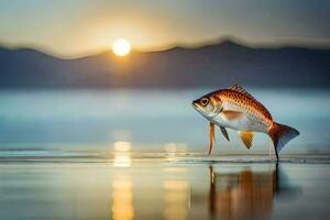 en fisk är stående på de vatten på solnedgång. ai-genererad foto