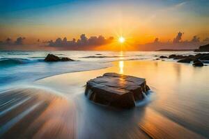 en solnedgång över de hav med stenar på de strand. ai-genererad foto