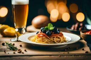 spaghetti med tomater och oliver på en tallrik. ai-genererad foto
