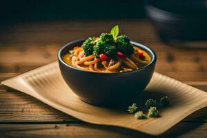 en skål av spaghetti med broccoli och grönsaker på en trä- tabell. ai-genererad foto