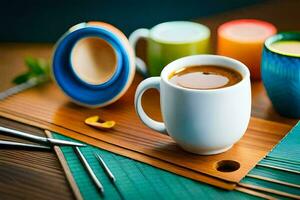 färgrik koppar av kaffe på en tabell. ai-genererad foto