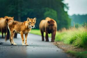 en lejon och två brun kor gående ner en väg. ai-genererad foto
