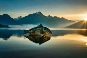 en fisk är flytande i de vatten på solnedgång. ai-genererad foto