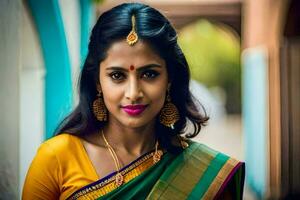 en skön ung kvinna i en sari. ai-genererad foto