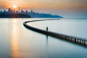 en man promenader längs en pir i främre av en stad horisont. ai-genererad foto