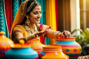 en kvinna i traditionell indisk klädsel är innehav en pott. ai-genererad foto