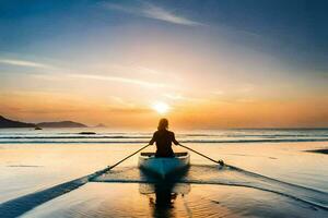 en kvinna i en kanot paddling på solnedgång. ai-genererad foto