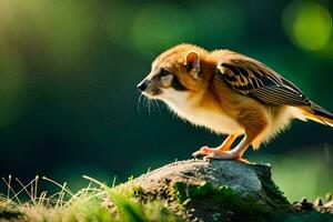 en små fågel är stående på topp av en sten. ai-genererad foto