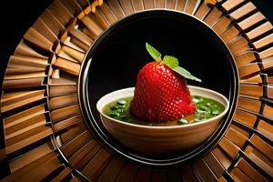 en jordgubb är Sammanträde i en skål av grön sås. ai-genererad foto