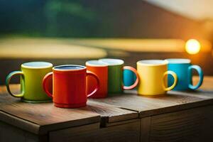 sex färgrik kaffe muggar på en trä- tabell. ai-genererad foto