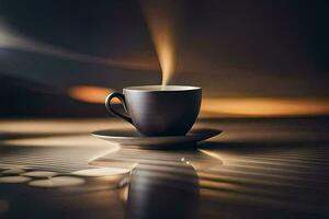 en kopp av kaffe på en tabell med en ljus. ai-genererad foto