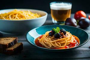 spaghetti med tomat sås och bröd på en trä- tabell. ai-genererad foto