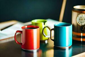 tre färgrik kaffe muggar sitta på en tabell Nästa till en klocka. ai-genererad foto