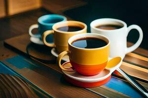 tre koppar av kaffe sitta på en tabell. ai-genererad foto