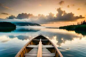 en båt är flytande på de vatten på solnedgång. ai-genererad foto