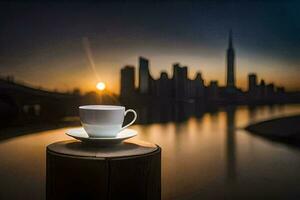 en kopp av kaffe sitter på en trä- posta utsikt en stad. ai-genererad foto