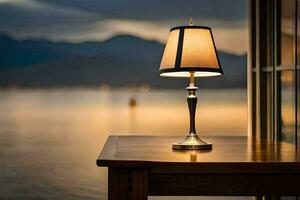 en tabell med en lampa på den nära en sjö. ai-genererad foto