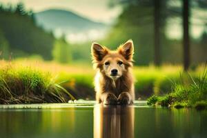 en hund är stående i de vatten i de mitten av en fält. ai-genererad foto