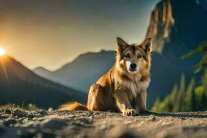 en hund Sammanträde i de Sol på en berg. ai-genererad foto