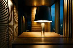 en lampa är Sammanträde på en tabell i en rum. ai-genererad foto